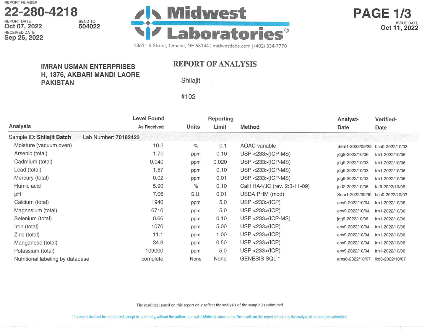 Uzvi Pure Lab Certificate